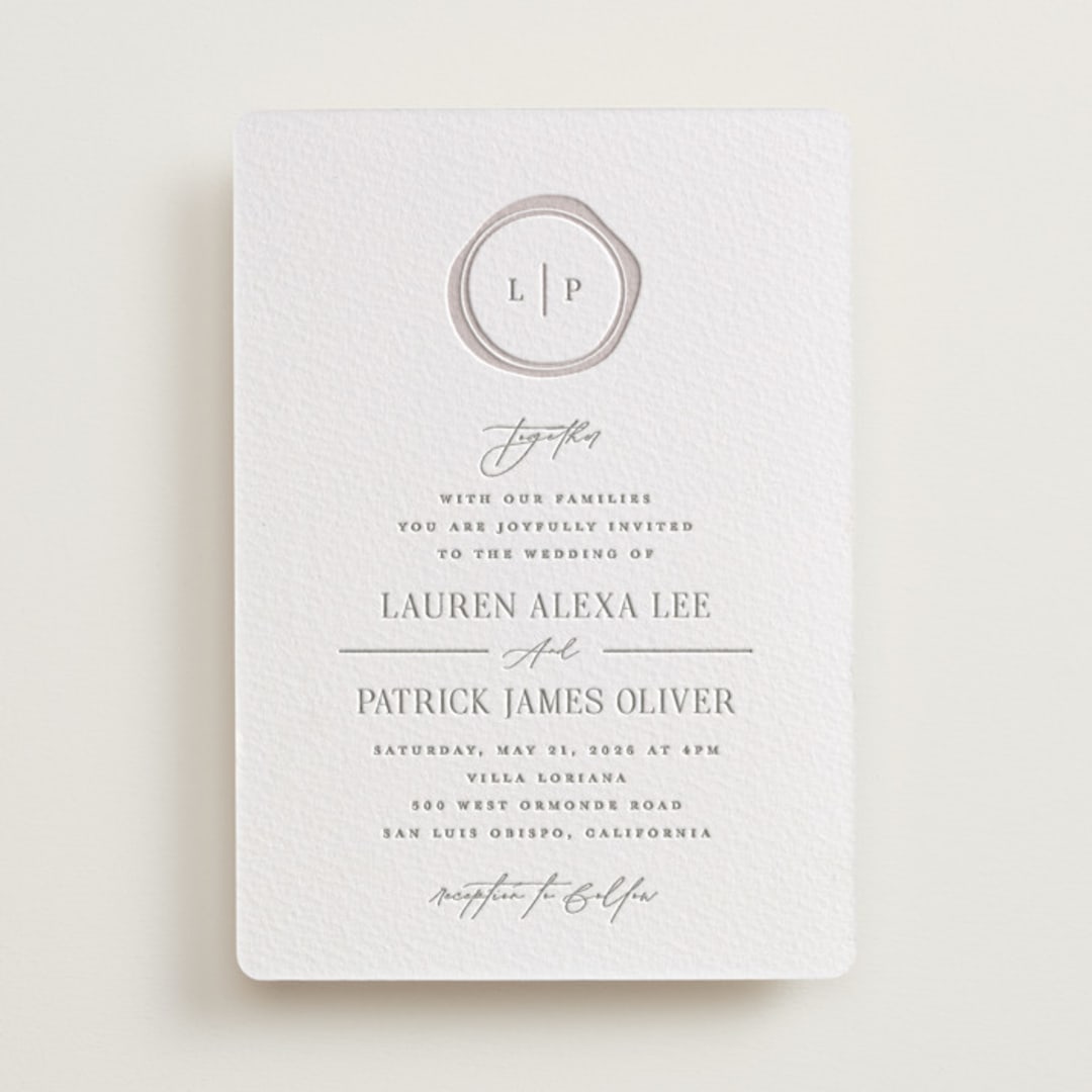 "Wax Seal Monogram" - Letterpress Wedding Invitations in Ash by Carolyn MacLaren - Front