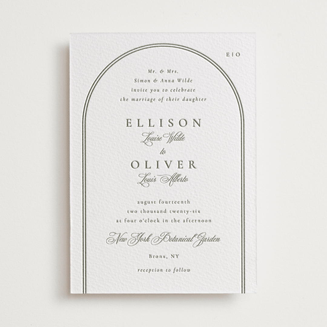 "Classic Arch" - Letterpress Wedding Invitations in Moss by Corinne Malesic - Front