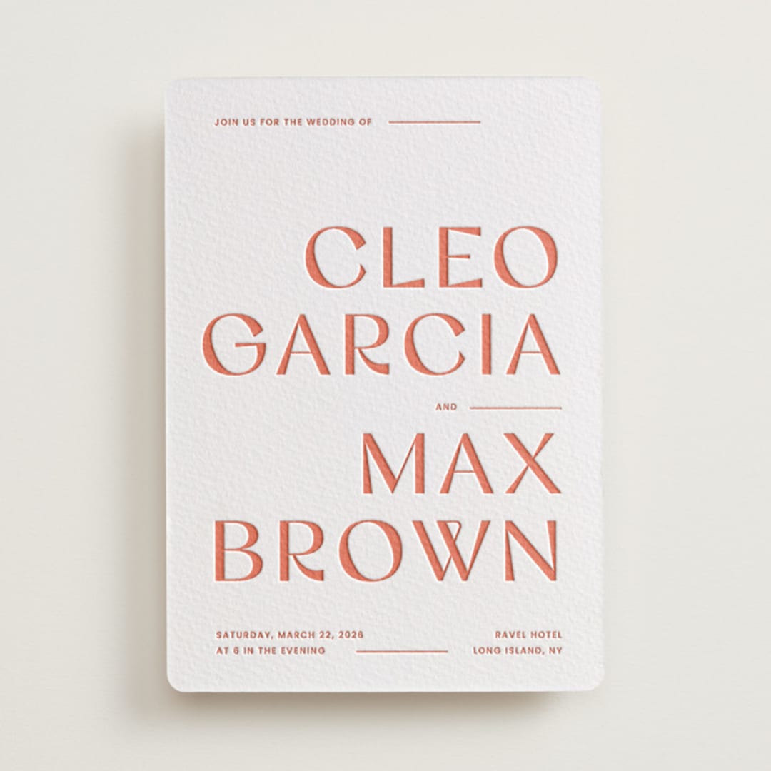 "Boldly" - Letterpress Wedding Invitations in Neon Orange by Blustery August - Front