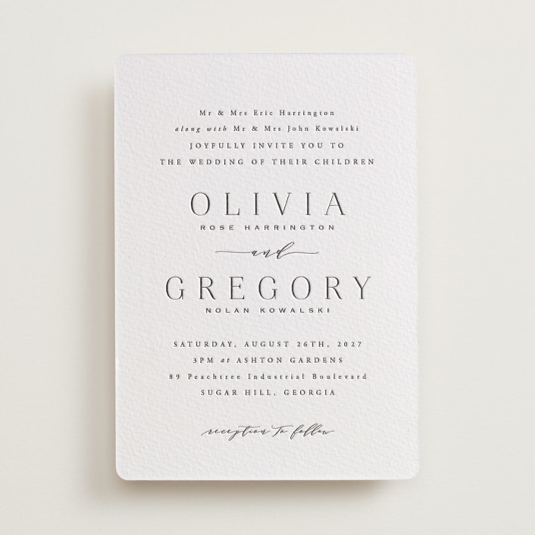 "Classy Type" - Letterpress Wedding Invitations in Soft Black by Hooray Creative - Front