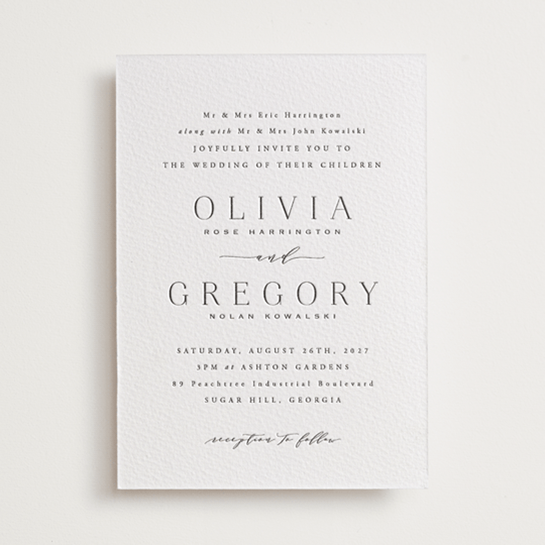 "Classy Type" - Letterpress Wedding Invitations in Soft Black by Hooray Creative - Front