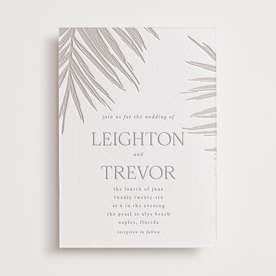 "Gilded Palm" - Letterpress Wedding Invitations in Ash by Melinda Denison - Front