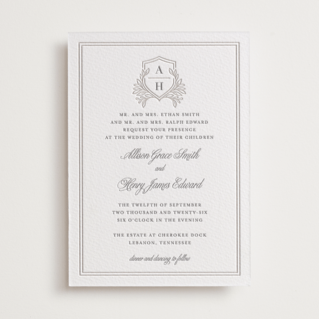 "Chic Monogram" - Letterpress Wedding Invitations in Cement by Mansi Verma - Front