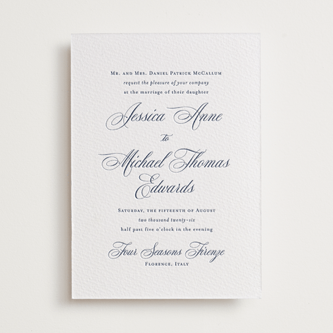 "Empire" - Letterpress Wedding Invitations in Aegean by Jennifer Postorino - Front