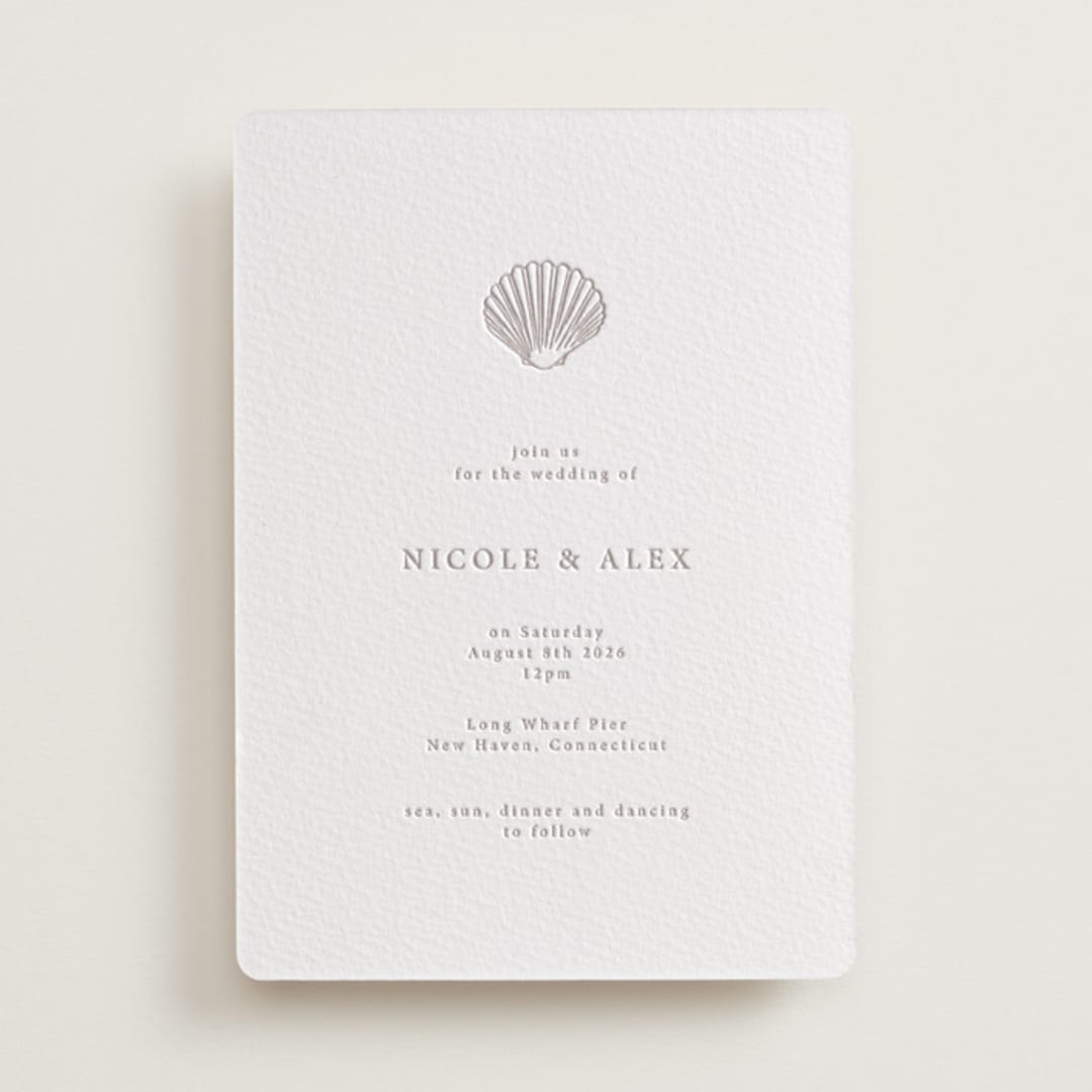 "Simple Seashell" - Letterpress Wedding Invitations in Dove Grey by Hannah Bowman - Front