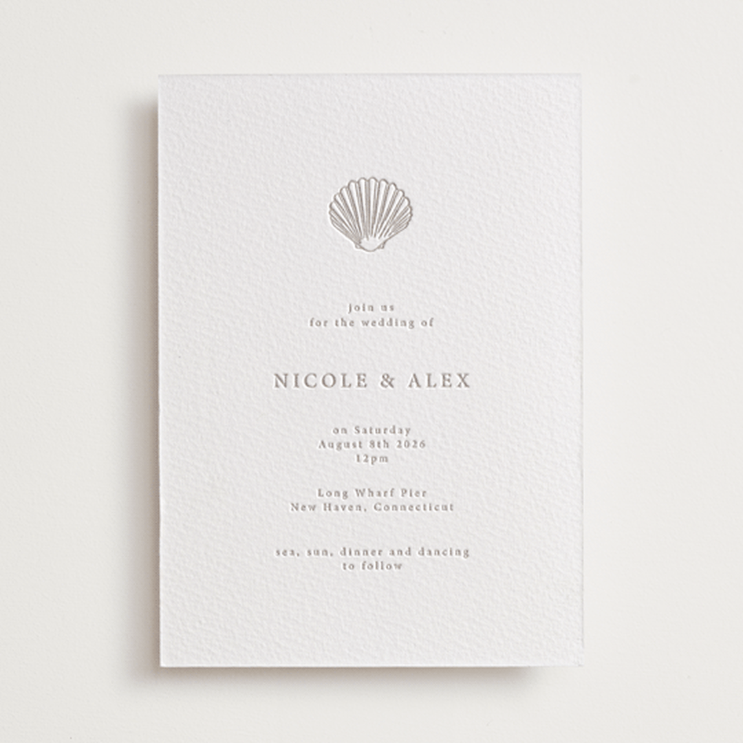 "Simple Seashell" - Letterpress Wedding Invitations in Dove Grey by Hannah Bowman - Front