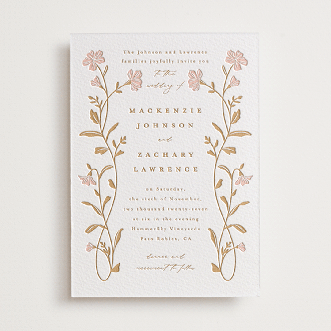 "Mirror Floral" - Letterpress Wedding Invitations in Faux Gold by Everett Paper Goods - Front