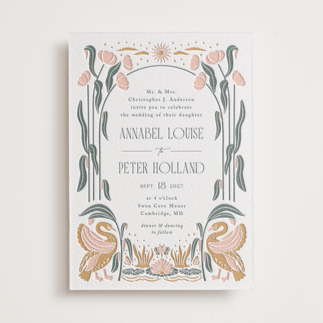 "Nouveau Swans" - Letterpress Wedding Invitations in Nouveau Swans by Olivia Raufman - Front