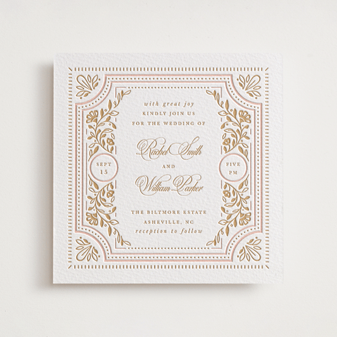 "Ornate Frame" - Letterpress Wedding Invitations in Faux Gold by Mansi Verma - Front
