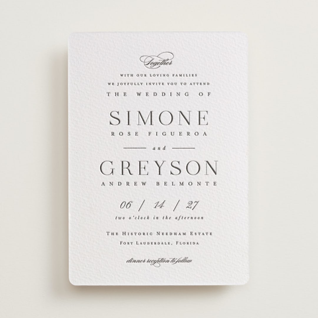 "Classic Serif" - Letterpress Wedding Invitations in Soft Black by Hooray Creative - Front