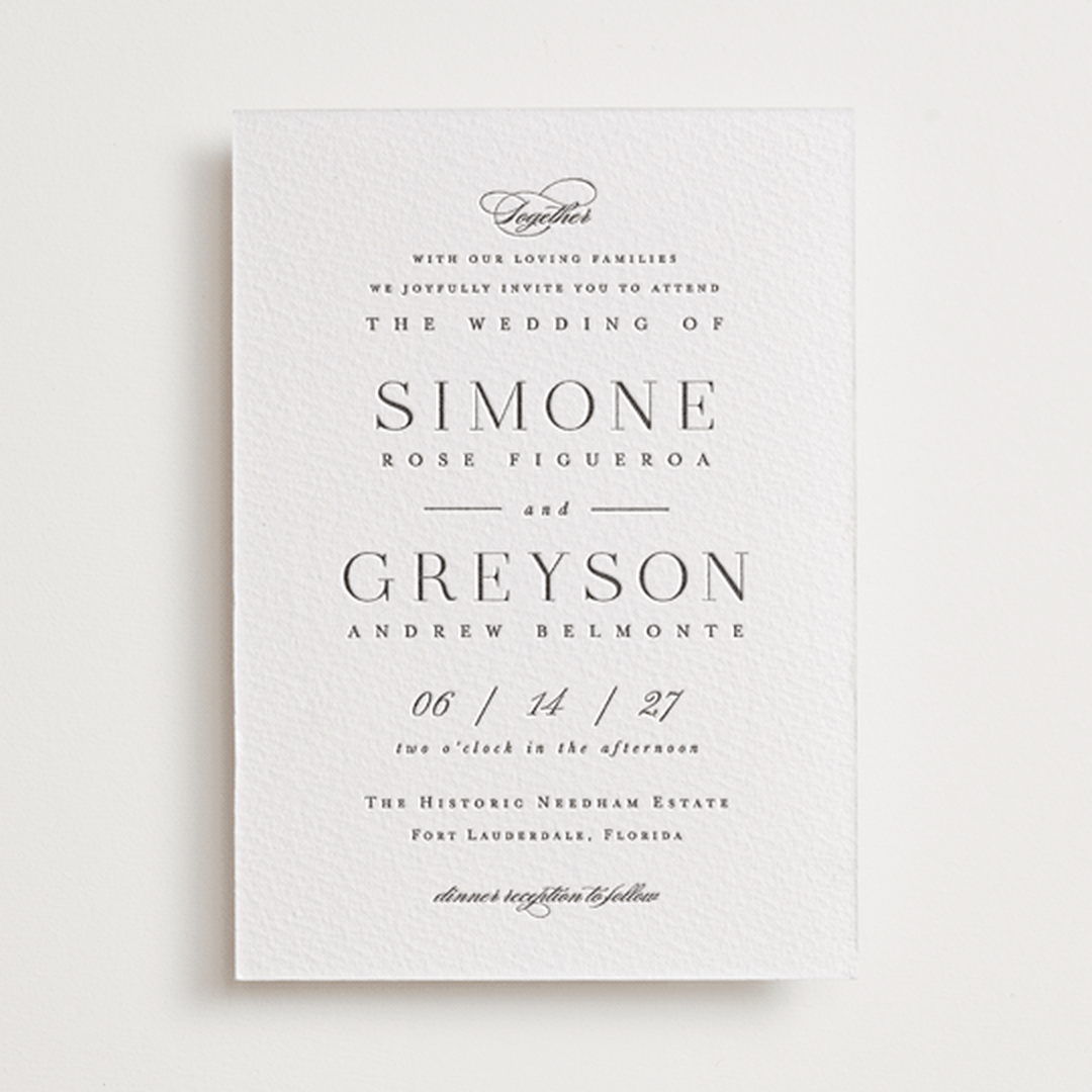 "Classic Serif" - Letterpress Wedding Invitations in Soft Black by Hooray Creative - Front