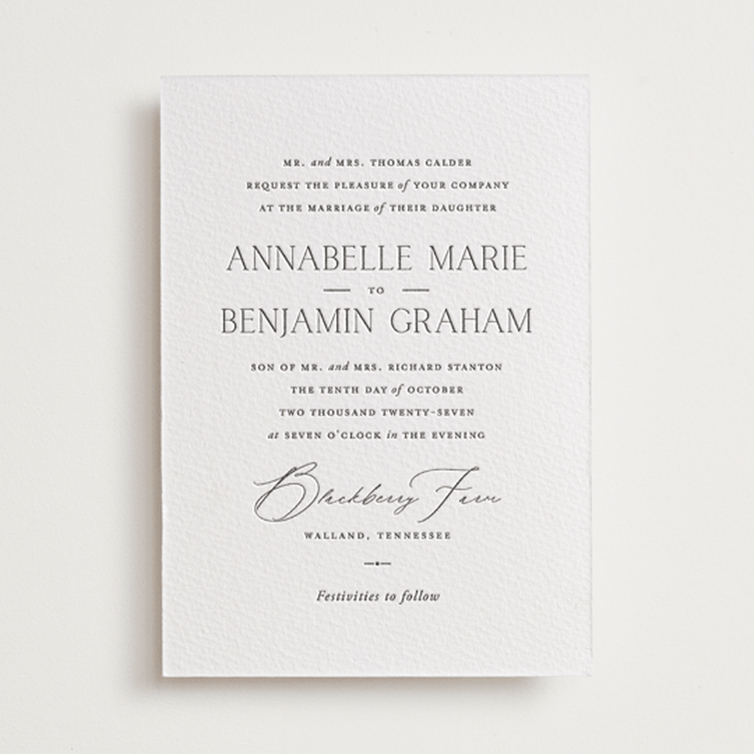 "Perennial" - Letterpress Wedding Invitations in Soft Black by Oscar and Emma - Karly Depew - Front