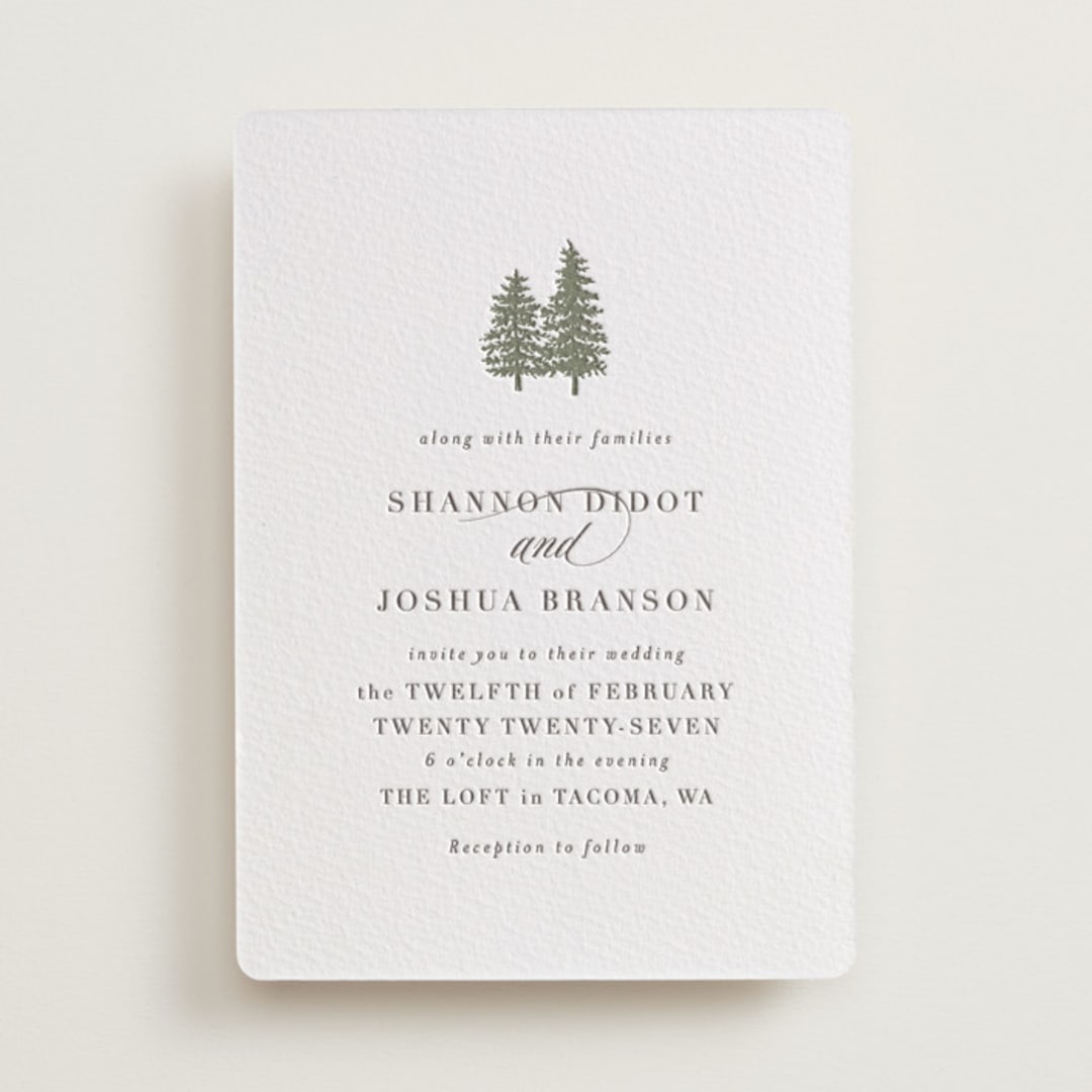 "Evergreens" - Letterpress Wedding Invitations in Olive by Itsy Belle Studio - Front