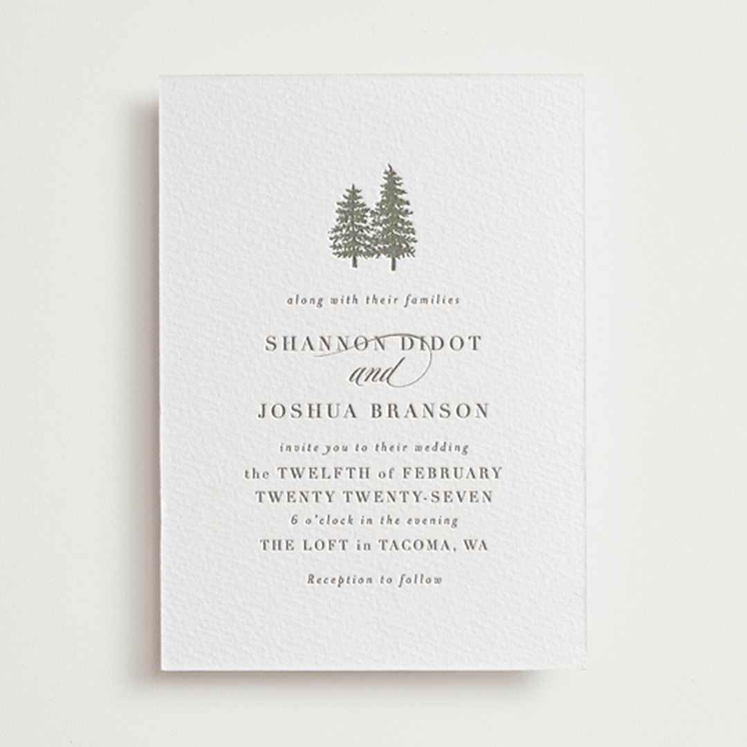 "Evergreens" - Letterpress Wedding Invitations in Olive by Itsy Belle Studio - Front