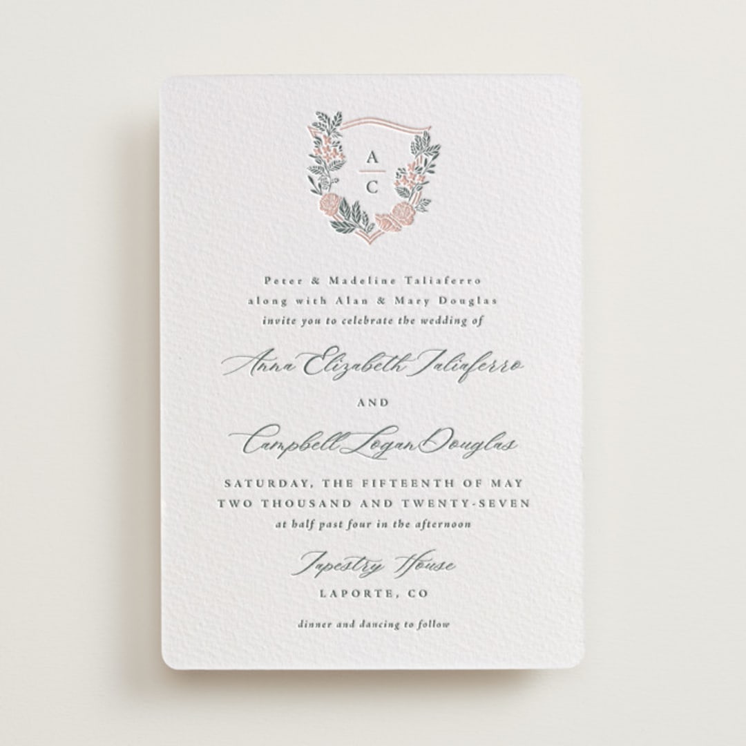 "Flourishing Crest" - Letterpress Wedding Invitations in Stone by Olivia Raufman - Front
