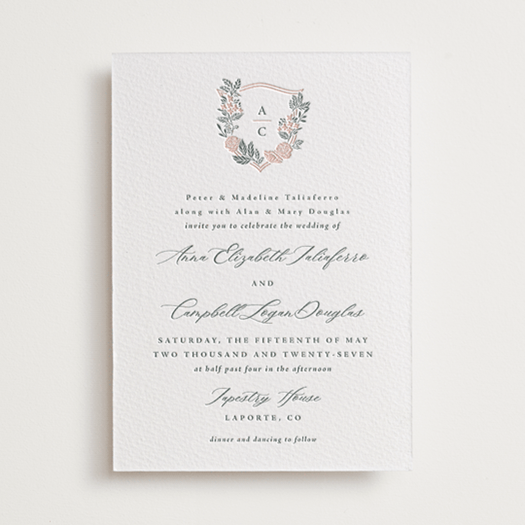 "Flourishing Crest" - Letterpress Wedding Invitations in Stone by Olivia Raufman - Front