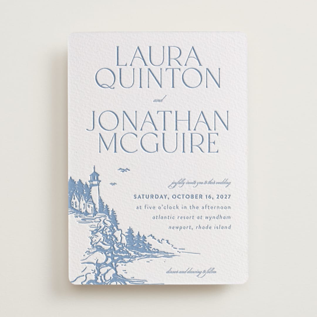 "the cliff" - Letterpress Wedding Invitations in Provincial Blue by Tennie and Co. - Front
