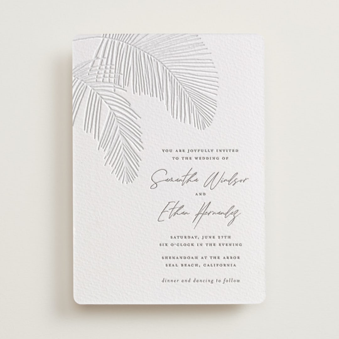 "Palm Arbor" - Letterpress Wedding Invitations in Graphite by Owl and Toad - Front