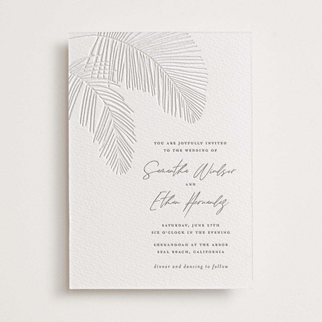 "Palm Arbor" - Letterpress Wedding Invitations in Graphite by Owl and Toad - Front