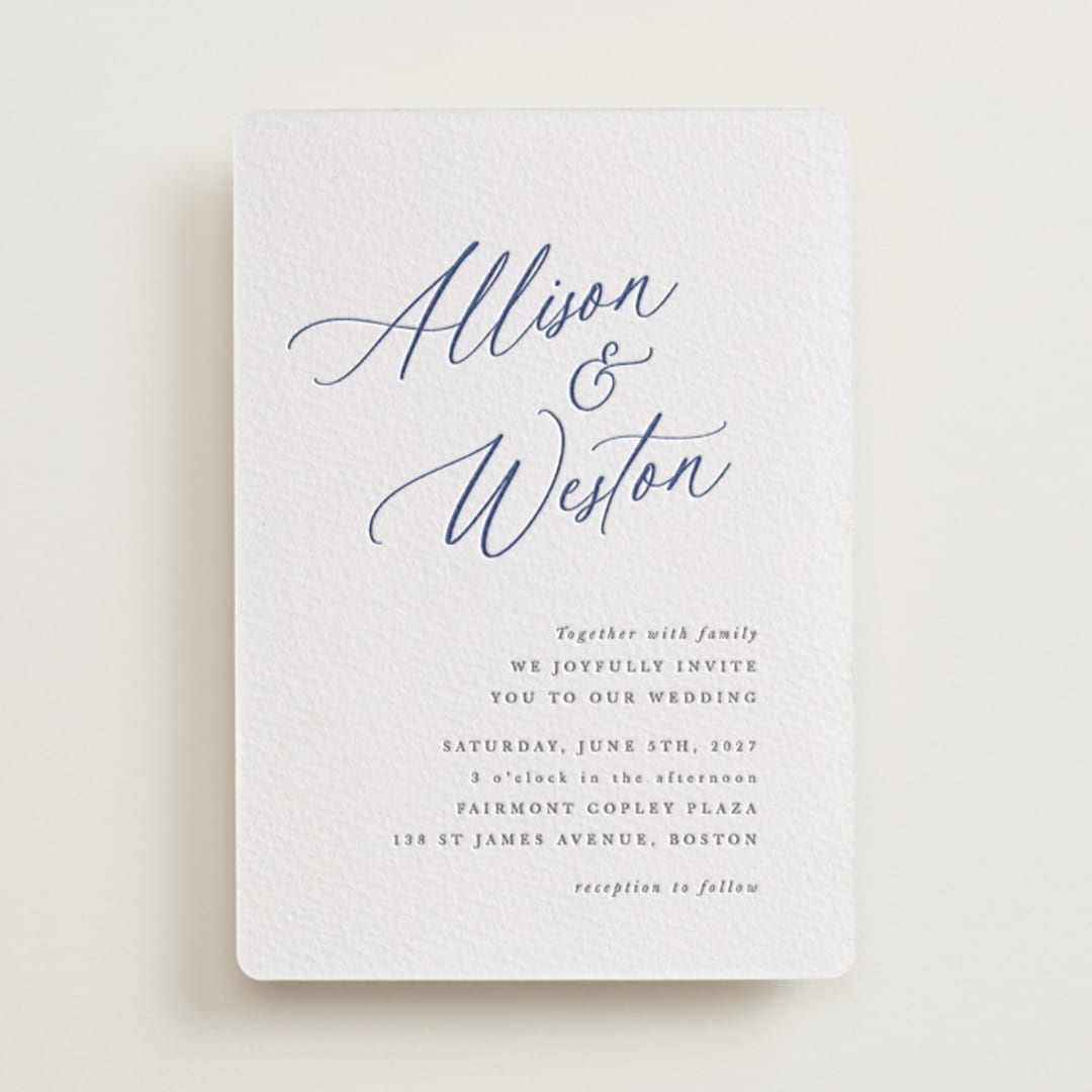 "Statement Names" - Letterpress Wedding Invitations in Lapis by Hooray Creative - Front