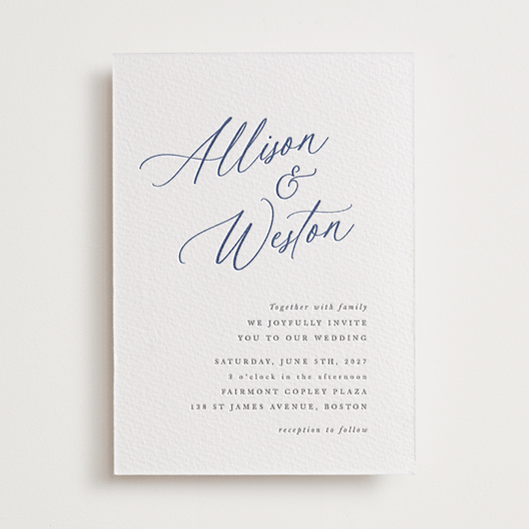 "Statement Names" - Letterpress Wedding Invitations in Lapis by Hooray Creative - Front