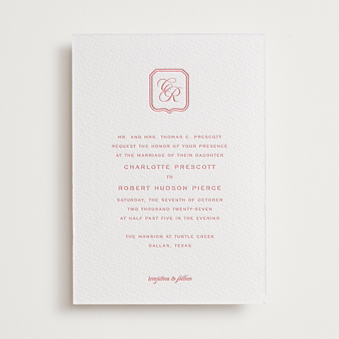 "Bowery" - Letterpress Wedding Invitations in Rose by Megan Davis - Front