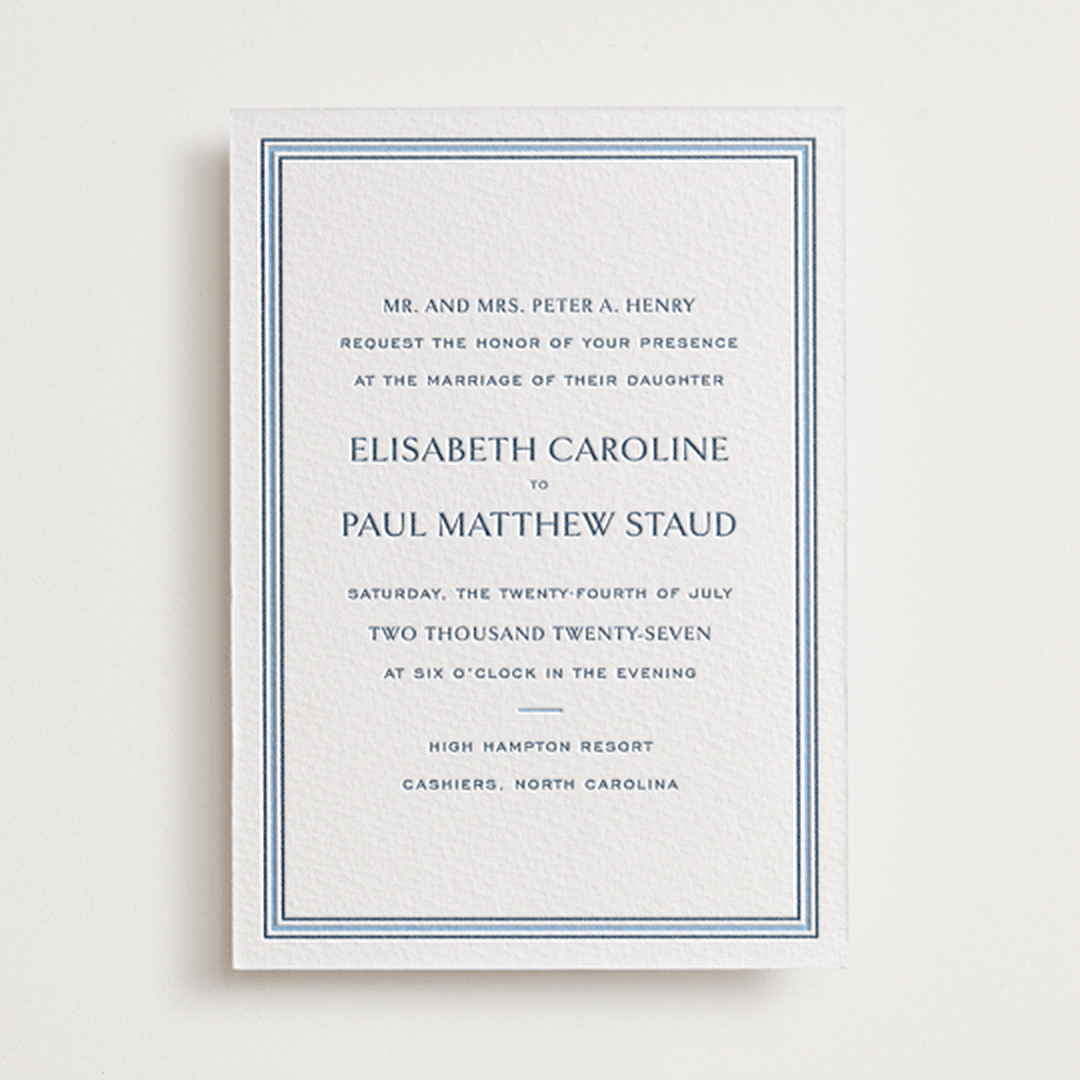 "Beaufort" - Letterpress Wedding Invitations in Sky Blue by Megan Davis - Front