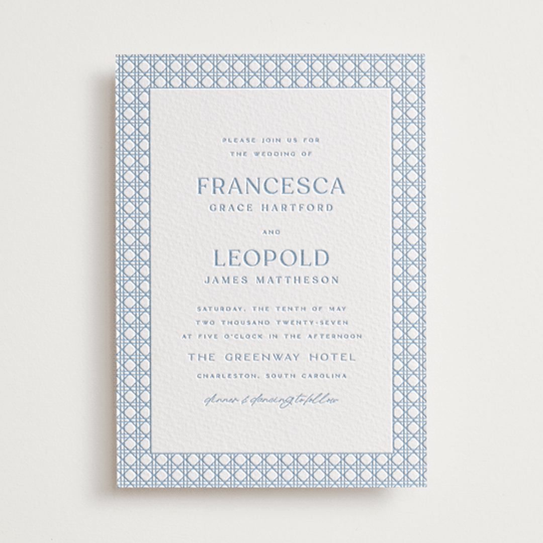 "delicate rattan" - Letterpress Wedding Invitations in Sky Blue by Ellen Schlegelmilch - Front