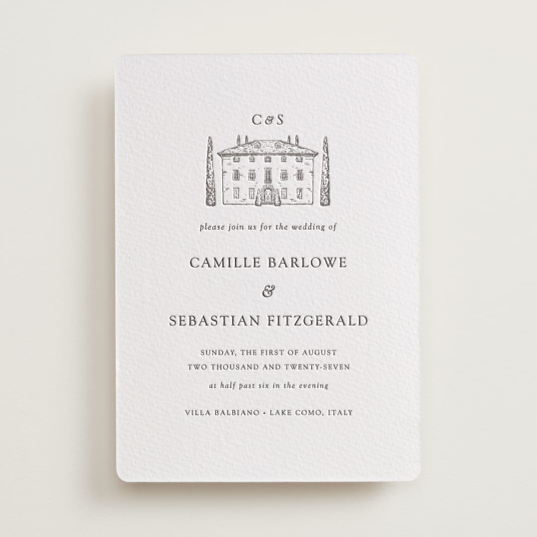 "Italian Countryside" - Letterpress Wedding Invitations in Warm Gray by Melinda Denison - Front