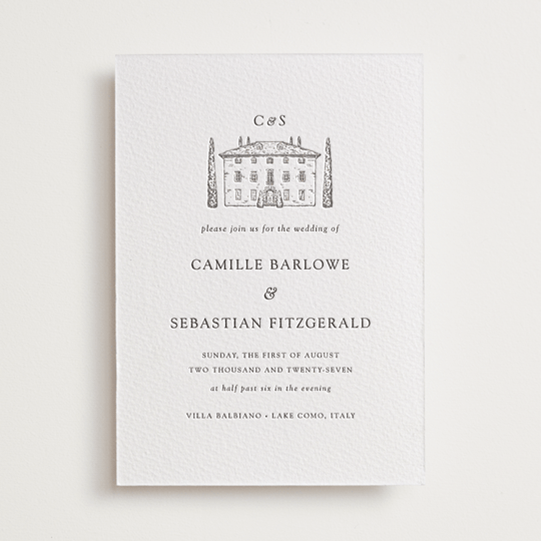 "Italian Countryside" - Letterpress Wedding Invitations in Warm Gray by Melinda Denison - Front
