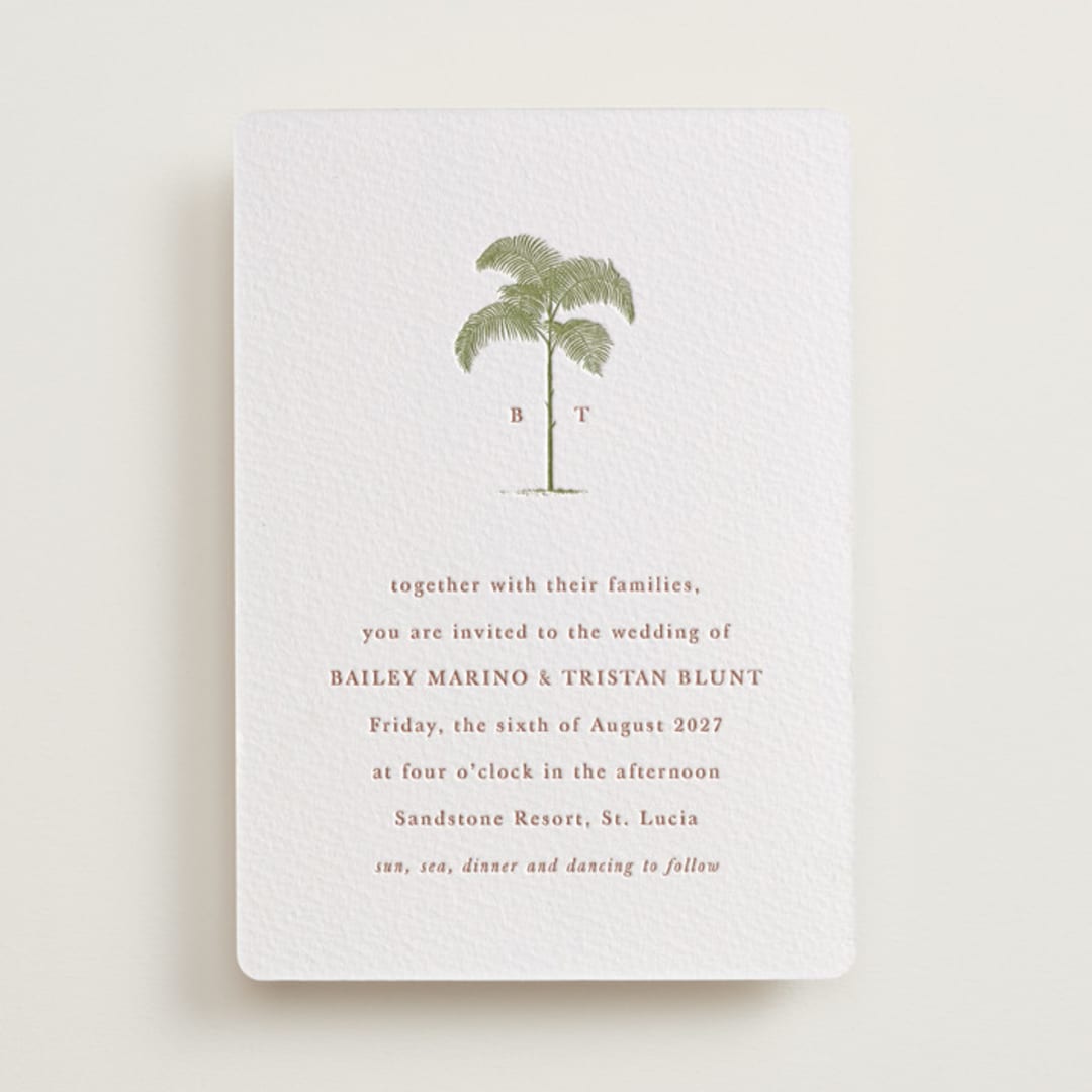 "Palm" - Letterpress Wedding Invitations in Pistachio by Melinda Denison - Front