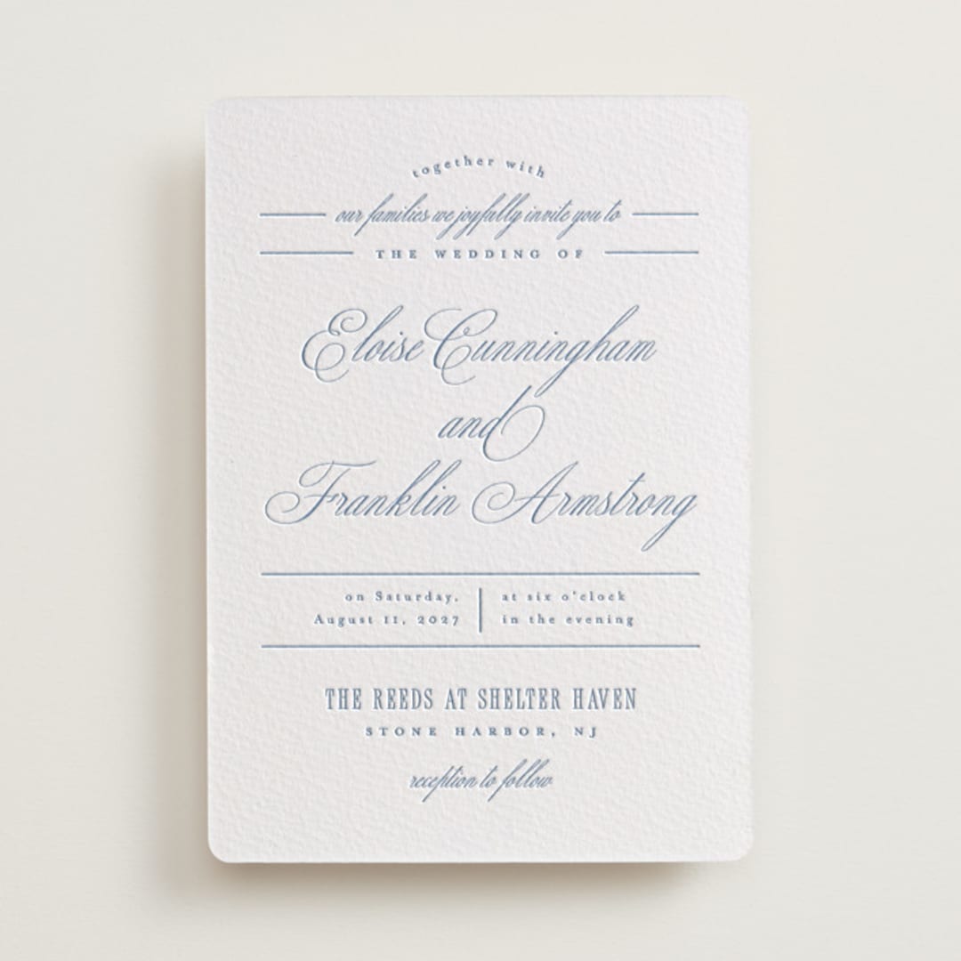 "Simple Formality" - Letterpress Wedding Invitations in Provincial Blue by Everett Paper Goods - Front