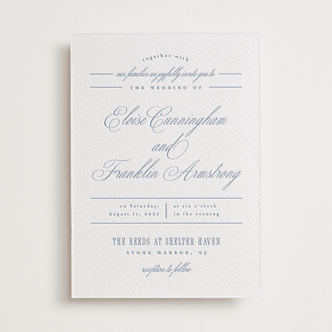 "Simple Formality" - Letterpress Wedding Invitations in Provincial Blue by Everett Paper Goods - Front