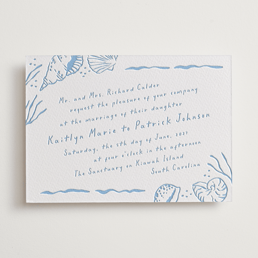 "Shoreline" - Letterpress Wedding Invitations in Sky Blue by Oscar and Emma - Karly Depew - Front