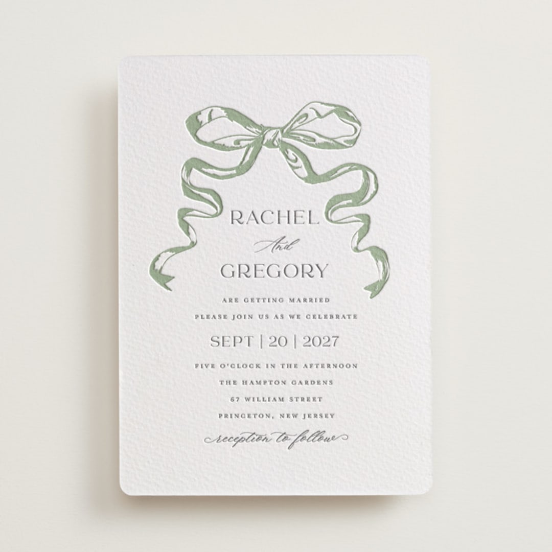 "Big Bow" - Letterpress Wedding Invitations in Mint by Teju Reval - Front