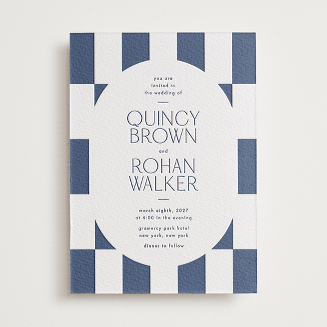 "Beech" - Letterpress Wedding Invitations in Navy by Blustery August - Front