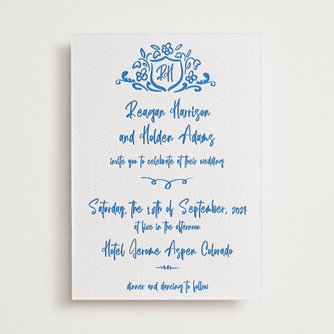 "Sketched Crest" - Letterpress Wedding Invitations in Sapphire by Jenna Holcomb - Front