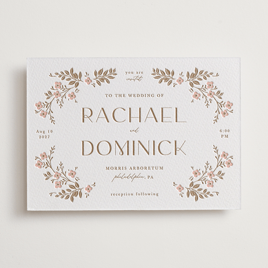"Wildflower Garland" - Letterpress Wedding Invitations in Matte Gold by Susan Zinader - Front