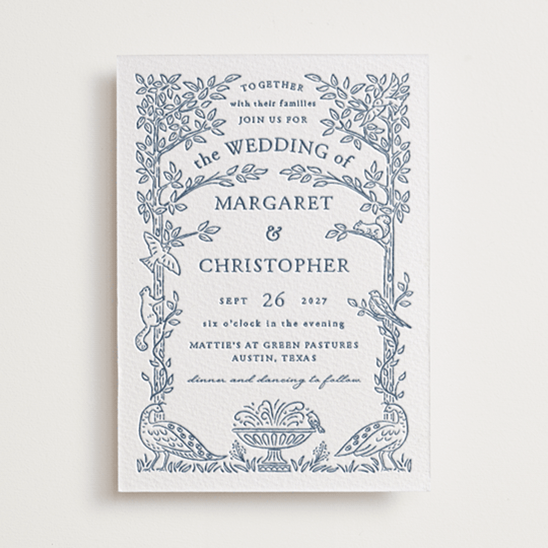 "Whimsical Woodland" - Letterpress Wedding Invitations in Indigo by Paper Sun Studio - Front