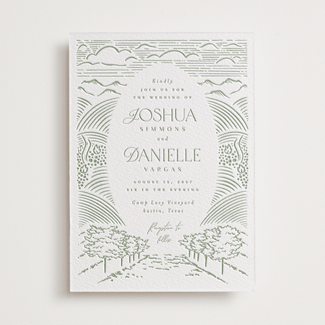 "Vineyard Vows" - Letterpress Wedding Invitations in Mint by Pink House Press - Front
