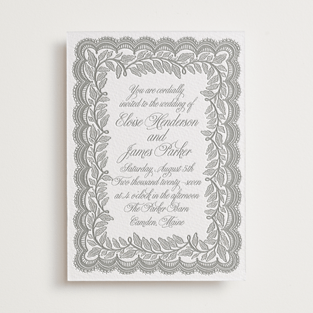 "Bridal Veil" - Letterpress Wedding Invitations in Gravel by Katharine Watson - Front