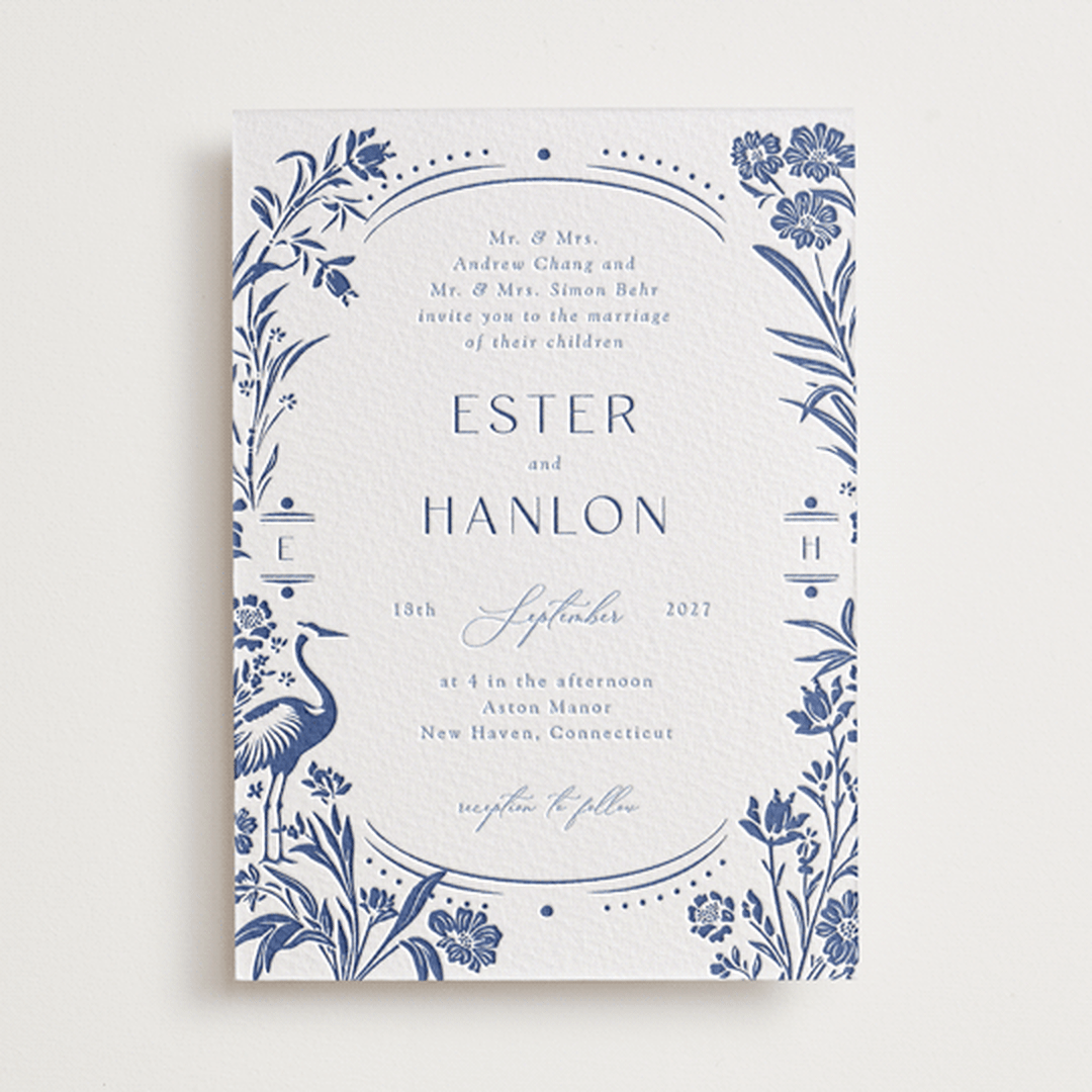 "Porcelain Garden" - Letterpress Wedding Invitations in Lapis by Corinne Malesic - Front