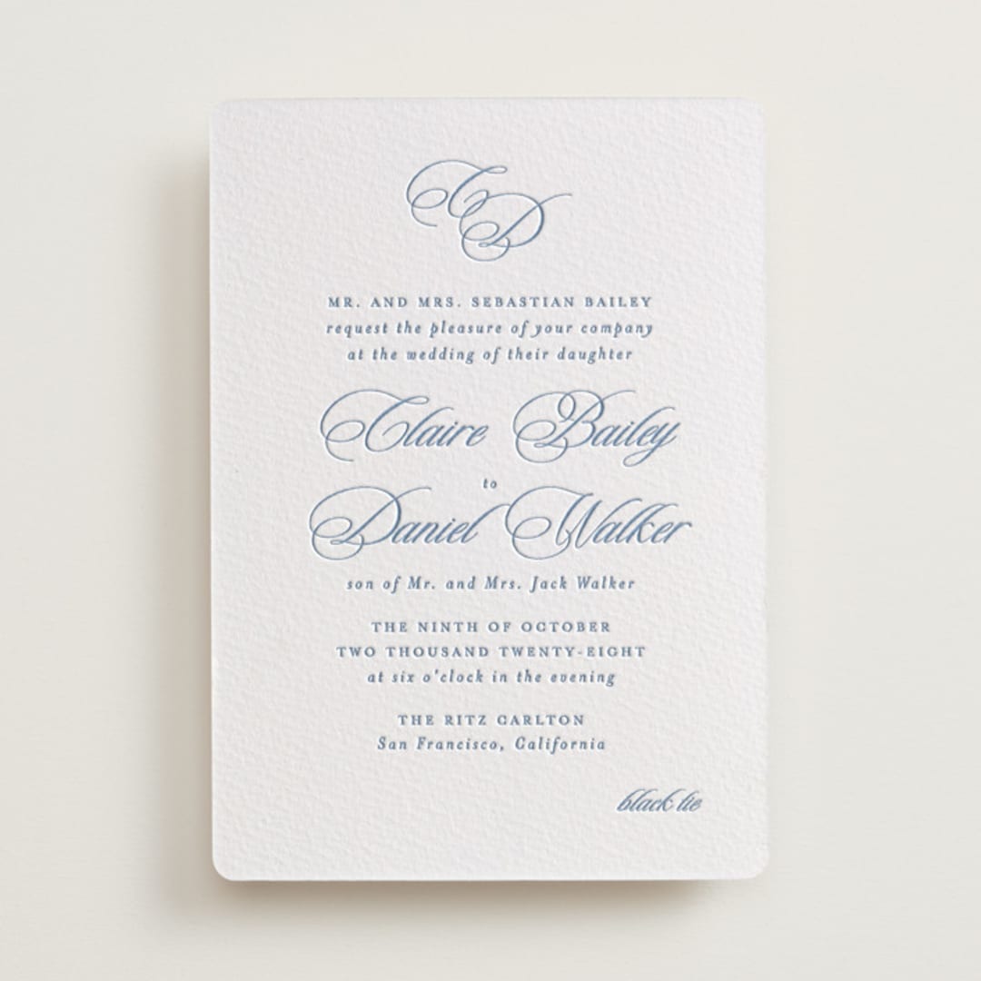"Aristocratic" - Letterpress Wedding Invitations in Provincial Blue by Creo Study - Front