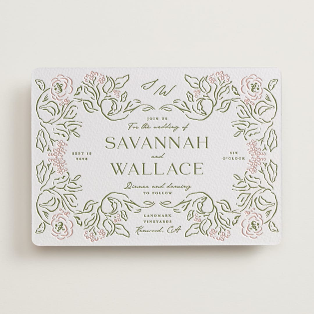 "Sketched Foliage" - Letterpress Wedding Invitations in Nude by Susan Zinader - Front