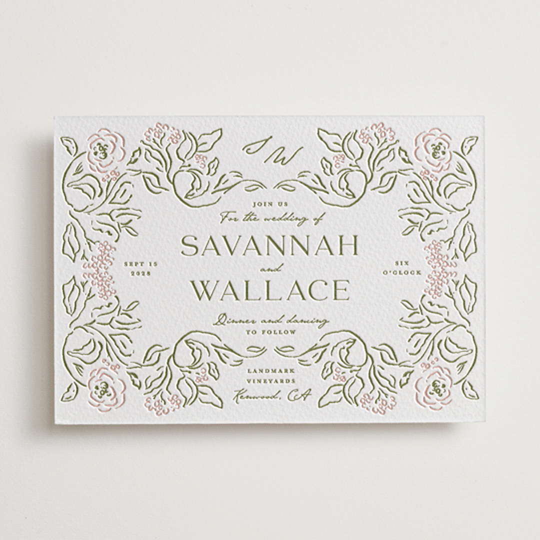 "Sketched Foliage" - Letterpress Wedding Invitations in Nude by Susan Zinader - Front