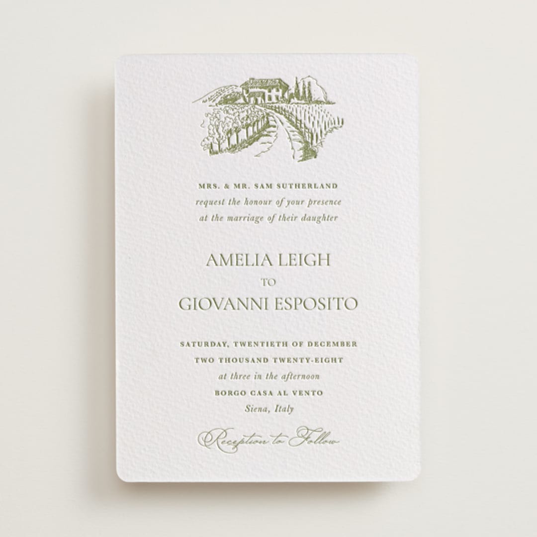 "Vineyard Elegance" - Letterpress Wedding Invitations in Pistachio by Lucrecia Caporale - Front