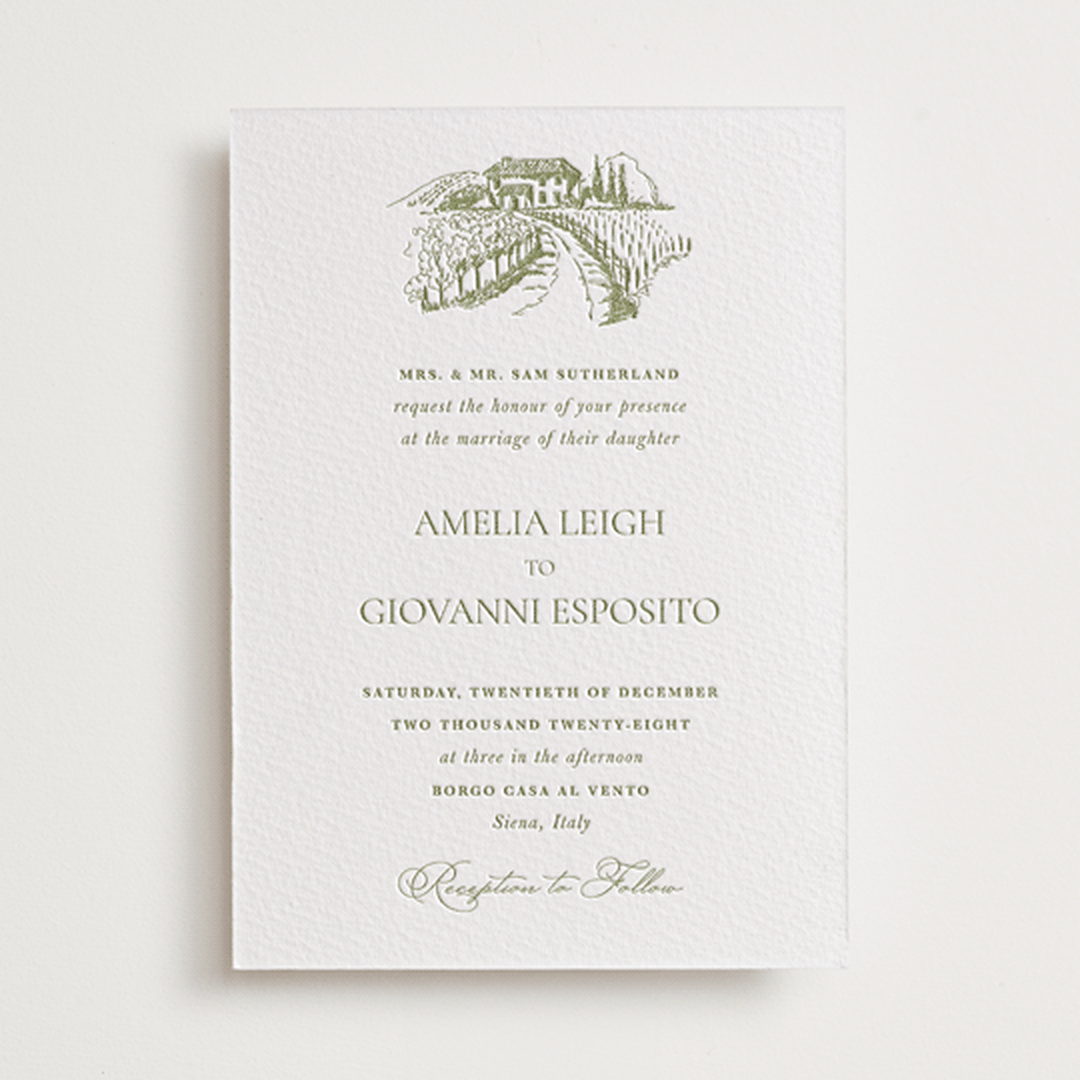 "Vineyard Elegance" - Letterpress Wedding Invitations in Pistachio by Lucrecia Caporale - Front