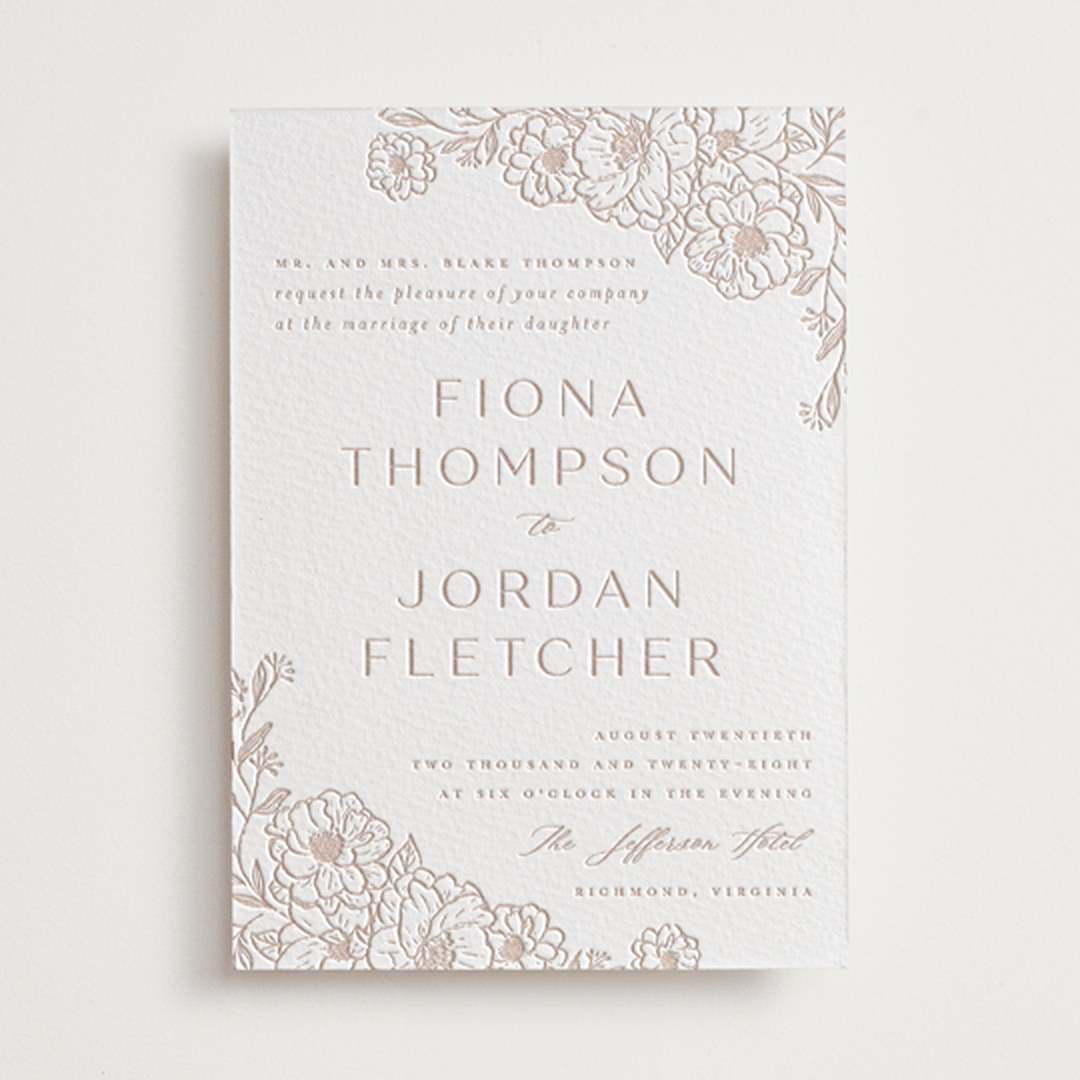 "Camellia.." - Letterpress Wedding Invitations in Latte by Vera Lim - Front