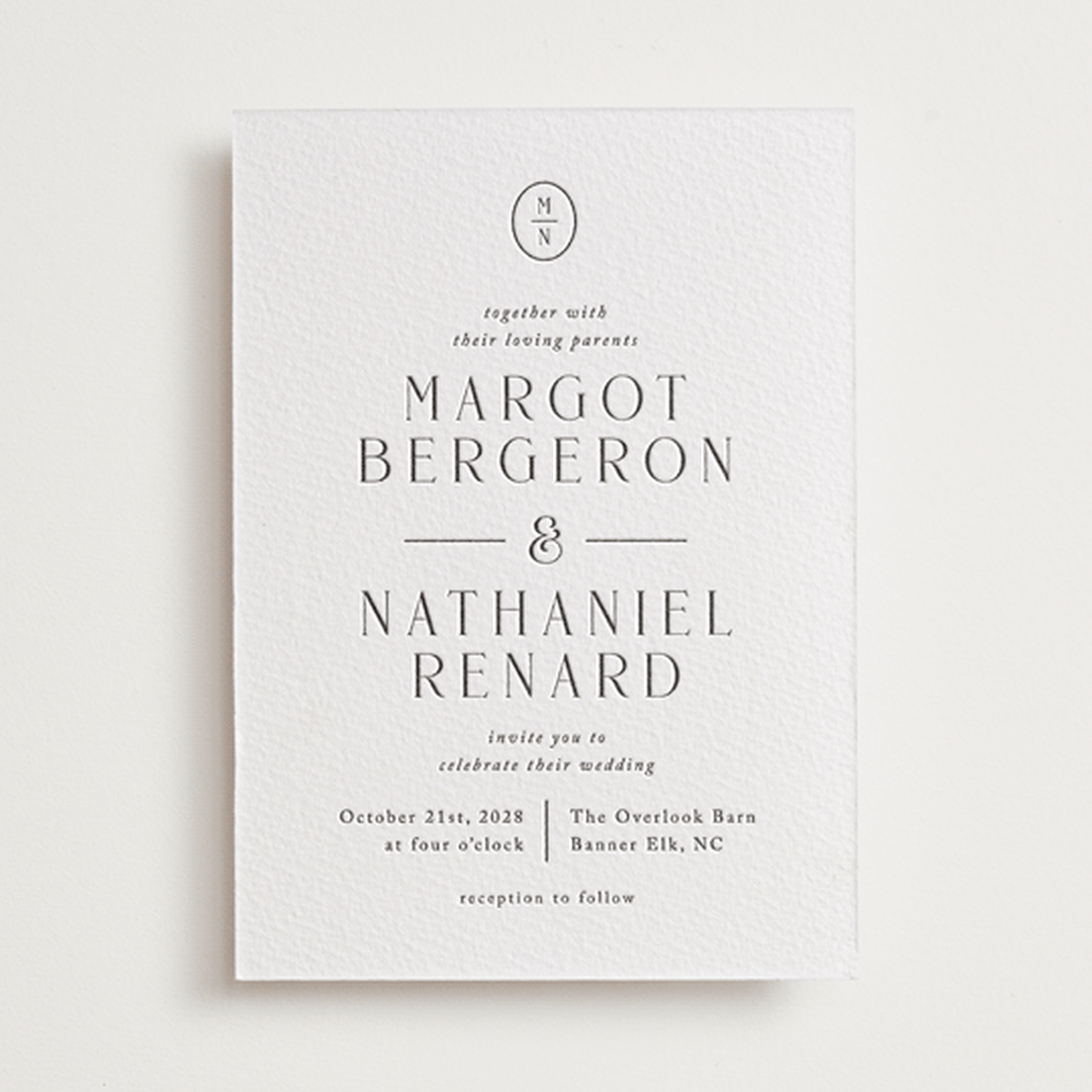 "Minimalist Monogram" - Letterpress Wedding Invitations in Soft Black by Olivia Raufman - Front