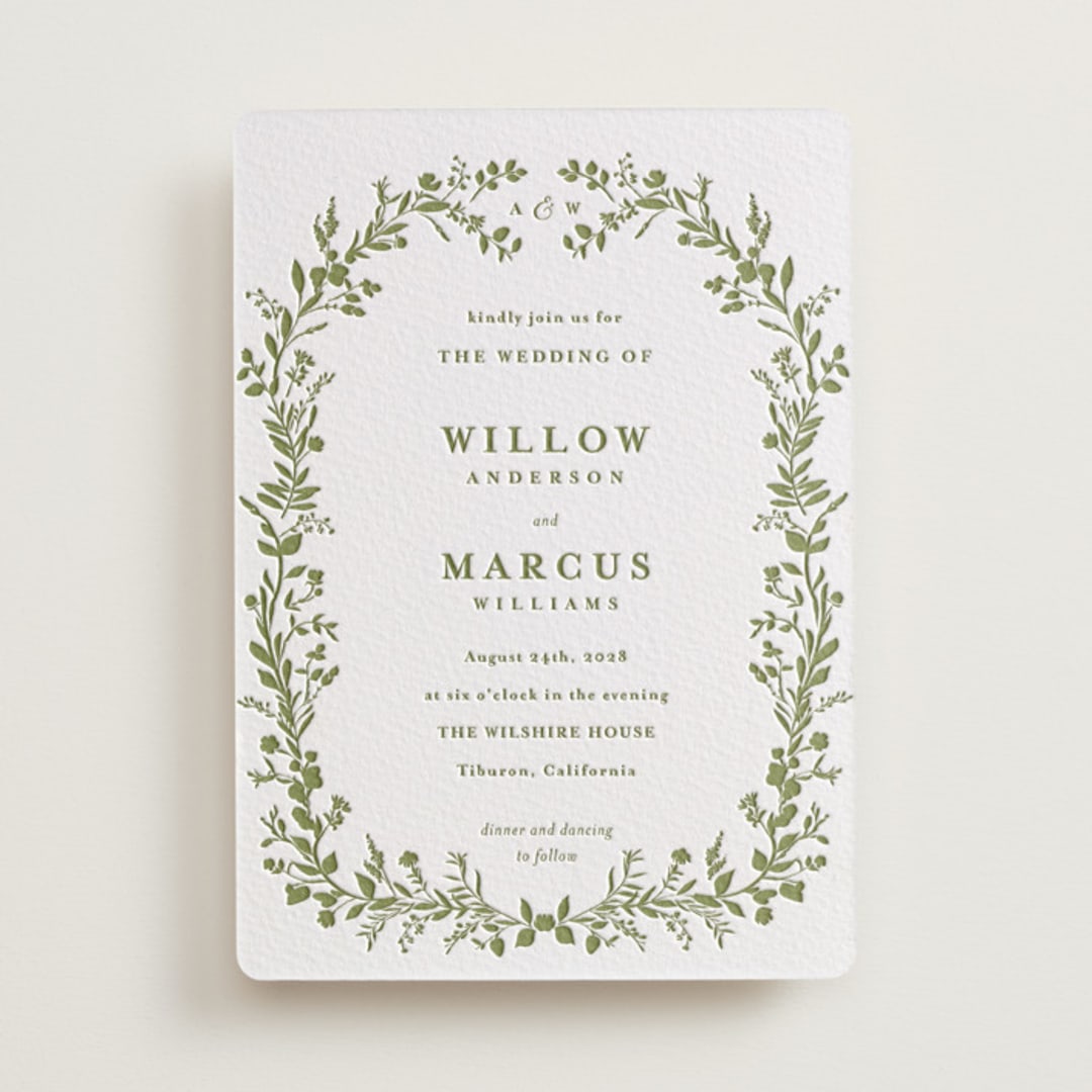 "Greenery Vine" - Letterpress Wedding Invitations in Pistachio by Susan Moyal - Front